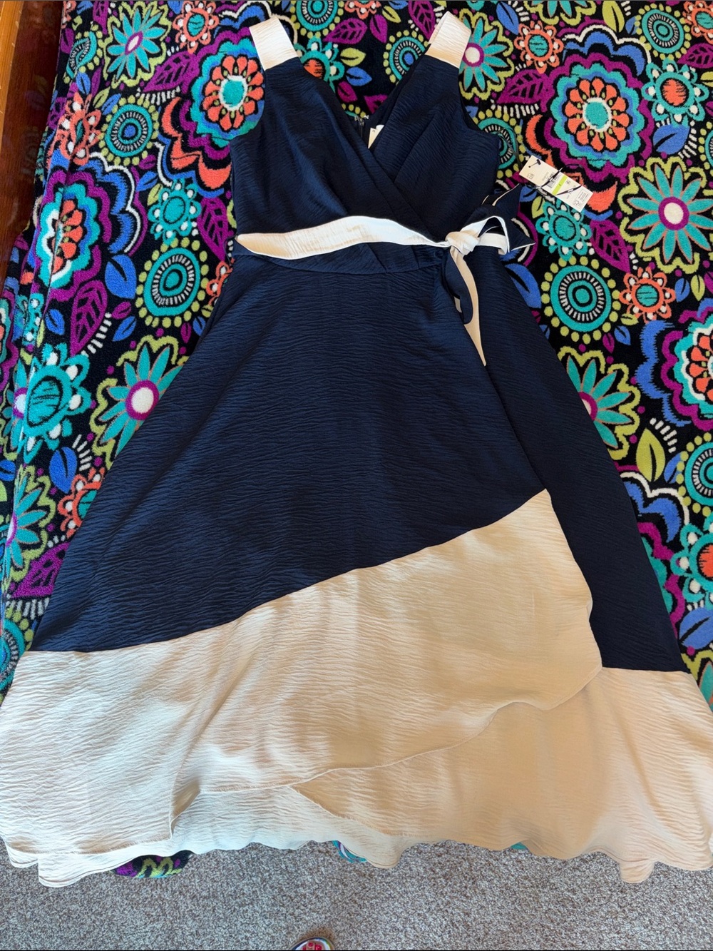 DKNY Navy and Cream Asymmetrical Wrap Sundress with Tie Waist